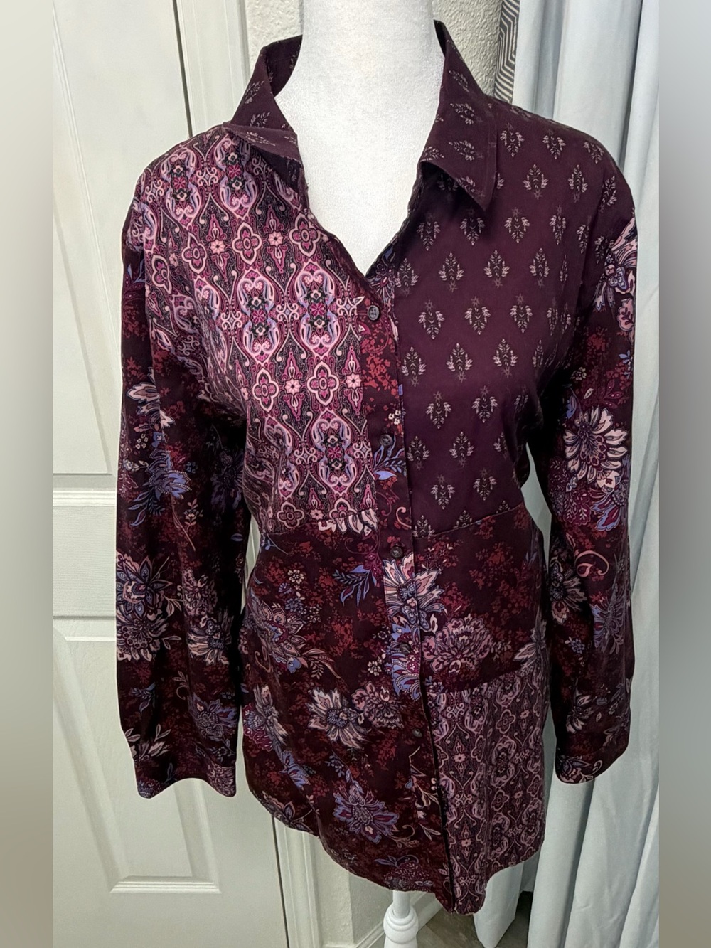Coldwater Creek Patchwork Button Up Shirt XL Cotton Purple Floral Paisley EUC